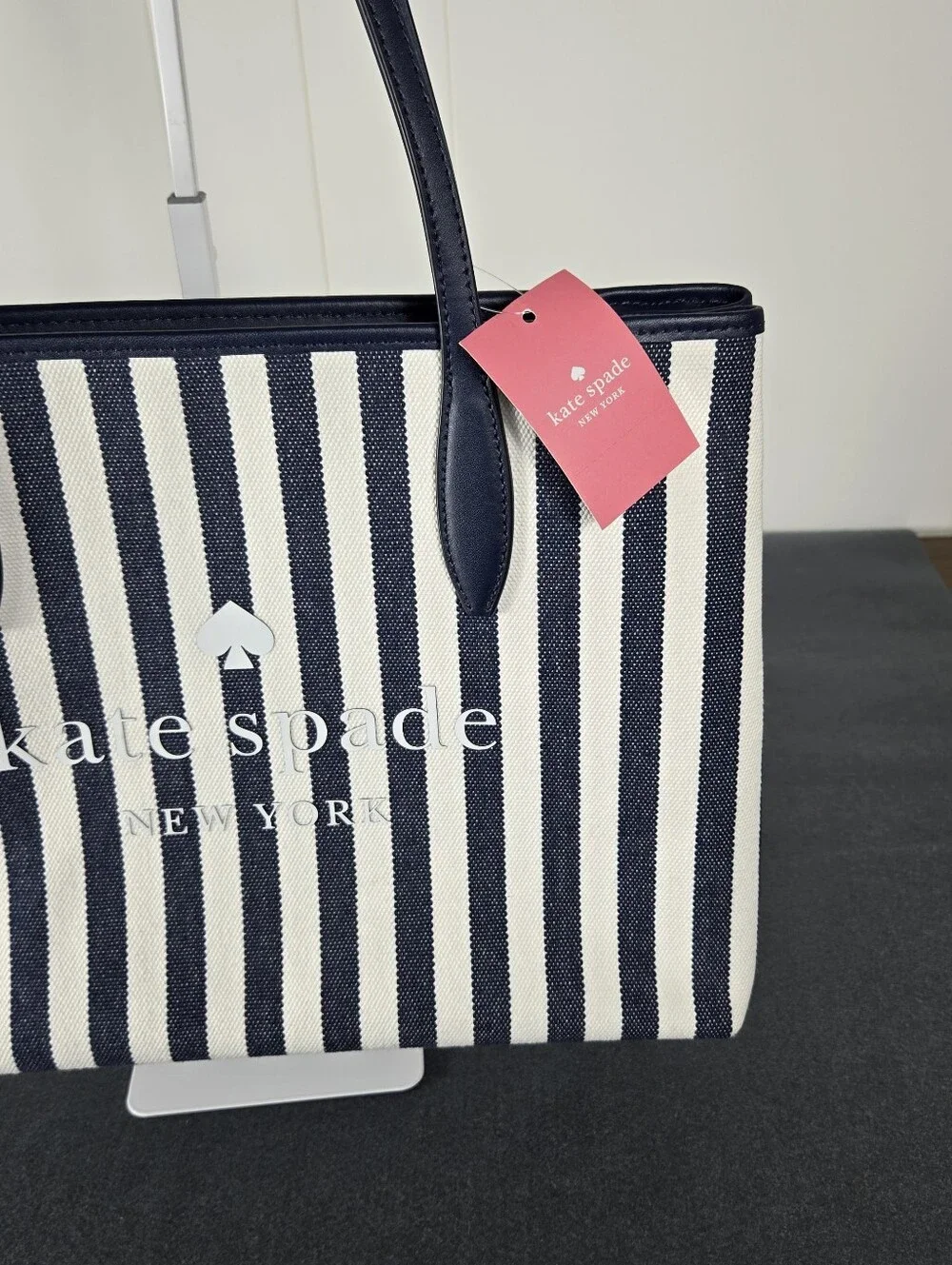kate spade Navy & White Vertical Stripe Canvas Tote with Leather Handles